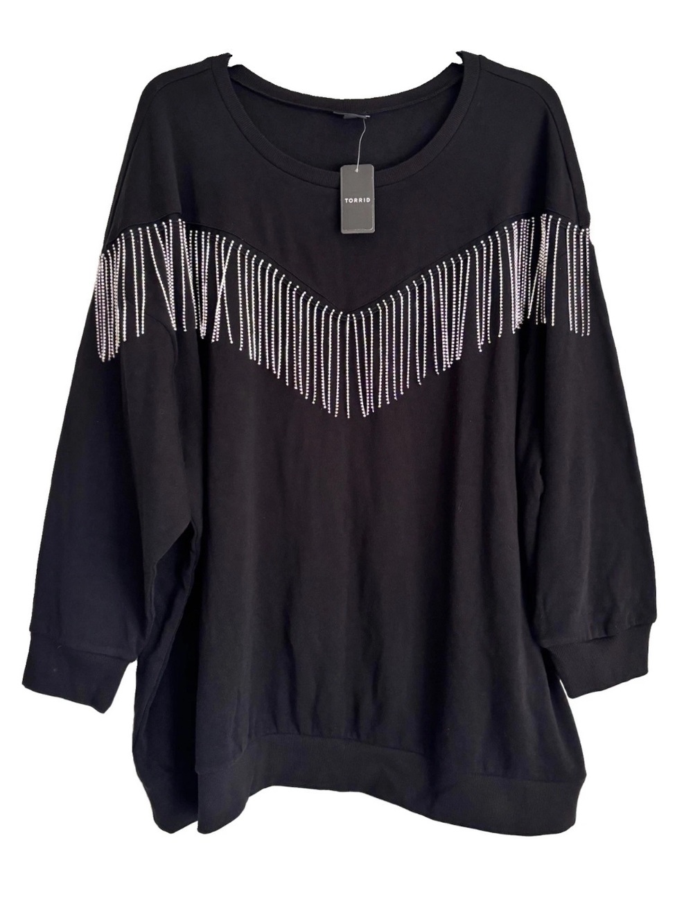 NWT Torrid Rhinestone Fringe Sweatshirt Fleece Crew Neck Black Western